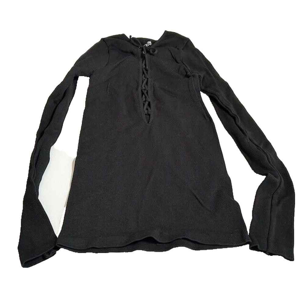 Free People Intimately Top Lace Up Front Long Sleeve Seamless Ribbed‎ Black XS/S